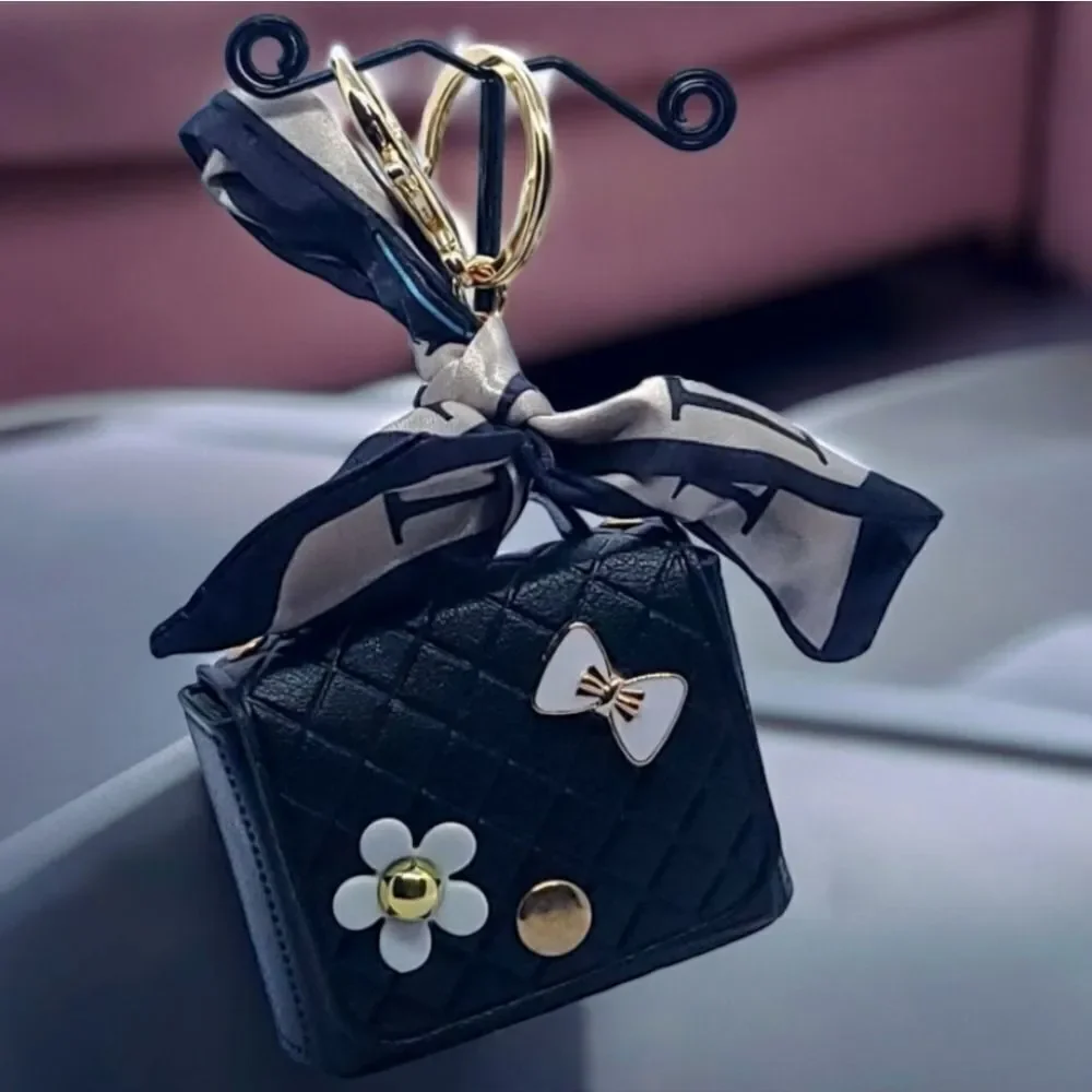 Mini Black Quilted Purse Keychain AirPods Holder Designer Style Bag Charm Luxe